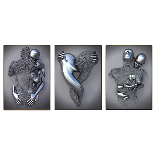 UIGJIOG Grau Bild Leinwand Kunst Wand 3er, Liebesherz 3D Effekt, Paare, Metallkunst Set, abstrakte Metallfigur Skulptur Deko,Silber,30x40cmx3 No Frame von UIGJIOG