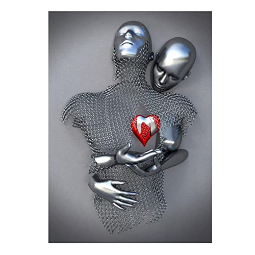 UIGJIOG Liebe Herz Kunst Wand Grau Leinwand Wandkunst, Abstrakte Metallfigur Skulptur, Liebe Herz 3D-Effekt, Kein Rahmen,Silver a,30x40cm No Frame von UIGJIOG