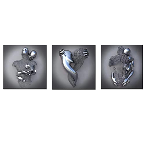 UIGJIOG Modern Kunst Wand 3er, Rahmen, Grau Bild Leinwand Metallkunst Set Abstrakte Metallfigur Skulptur Deko,Silber,30x30cmx3 Framed von UIGJIOG