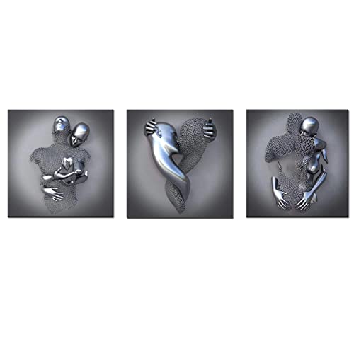 UIGJIOG Modern Kunst Wand 3er, Rahmen, Grau Bild Leinwand Metallkunst Set Abstrakte Metallfigur Skulptur Deko,Silber,50x50cmx3 Framed von UIGJIOG