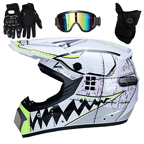 UIGJIOG Motocross Helm mit Brillen Maske Handschuhe, Herren Damen Motorrad-Helm Off-Road Downhill-Enduro-Helm-ATV-MTB-BMX Dirt Bikes Quad Motorräder Full-Face Schutz-Helm,B,S(52~53cm) von UIGJIOG