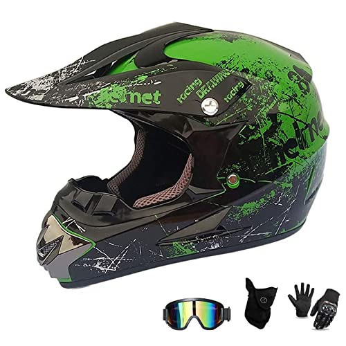 UIGJIOG Motocross Helm mit Brillen Maske Handschuhe, Herren Damen Motorrad-Helm Off-Road Downhill-Enduro-Helm-ATV-MTB-BMX Dirt Bikes Quad Motorräder Full-Face Schutz-Helm,D,XL(58~59cm) von UIGJIOG