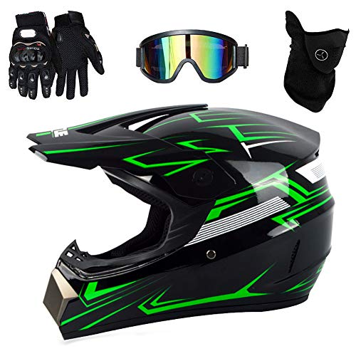 UIGJIOG Motocross Helm mit Brillen Maske Handschuhe, Herren Damen Motorrad-Helm Off-Road Downhill-Enduro-Helm-ATV-MTB-BMX Dirt Bikes Quad Motorräder Full-Face Schutz-Helm,M,S(52~53cm) von UIGJIOG