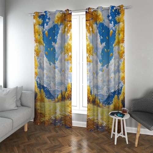 Bauernhaus Verdunkelungsvorhänge Berg und Herbst Wald Design Gelbes Baummuster Isolierte Fensterpaneele für Küche 2er Set B132xH138cm von UIRINGART