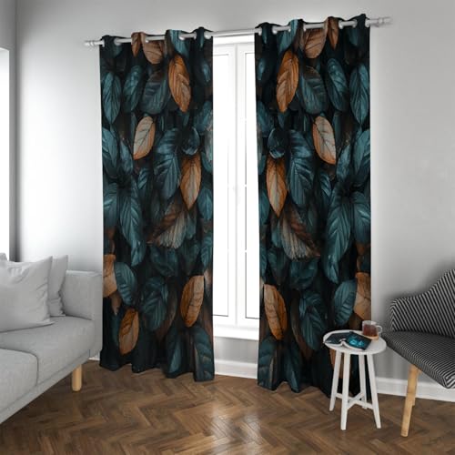 Botanische Raumverdunkelung Verdunkelungsvorhänge Ästhetisches Design Blattmuster Wärmeisolierte Ösenfenstervorhänge für Badezimmer 2 Paneele B132xH138cm von UIRINGART