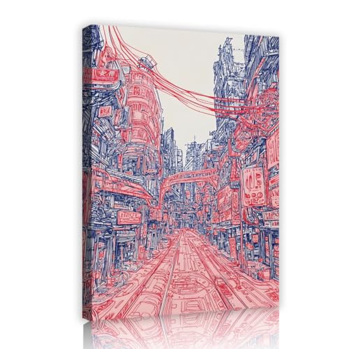 Futurismus Stadtbild Leinwand Wandkunst Urban Artwork Drucke einzigartige Sci-Fi Straßenbilder Malerei lebendige Poster für Wohnzimmer Dekor 65x100cm Innenrahmen von UIRINGART