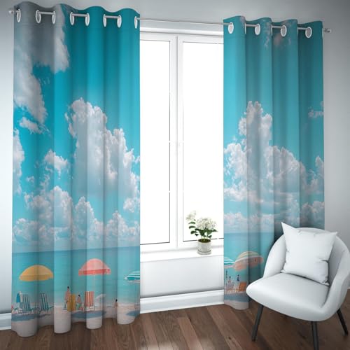 Strandthema Verdunkelungsvorhänge Tropische Ästhetik Himmel und blaues Meer Design Lärmreduzierung Fenstervorhänge für Esszimmer 2 Paneele B107xH214cm von UIRINGART