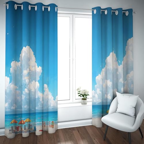Tropische Landschaft Verdunkelungsvorhänge Strandszene und klarer Himmel Design Raumverdunkelung Energieeinsparung für Terrassenschiebetür 2er Set B140xH245cm von UIRINGART