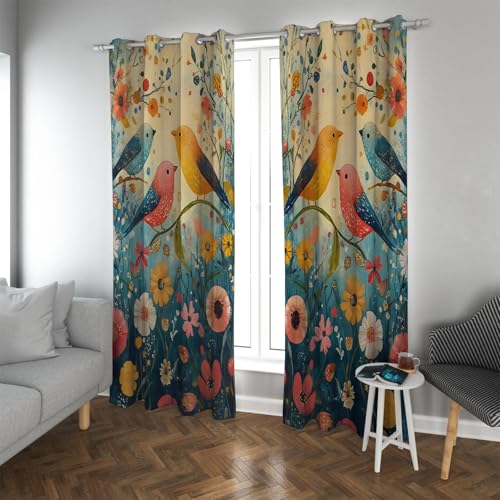 UIRINGART Aquarell Cartoon Stil Verdunkelungsvorhänge Bunte Wildblumen Niedliche lustige Vögel Energiesparende Fenstervorhänge für Wohnzimmer 2 Paneele B140xH260cm von UIRINGART
