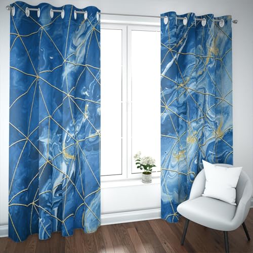 UIRINGART Blauer Marmor Verdunkelungsvorhänge Luxus Gold Crack Print Verdunkelnde Tülle Wärmeisolierte Fensterbehandlungen für Schlafzimmer Wohnzimmer 2 Paneele H290xB140 von UIRINGART