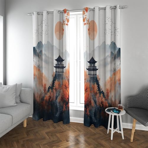 UIRINGART Chinesisch Retro Tusche Malerei Stil Verdunkelungsvorhänge Herbst Wald Gebäude Wunderland Landschaft Isolierte Fenstervorhänge für Cafe 2 Paneele B140xH210cm von UIRINGART