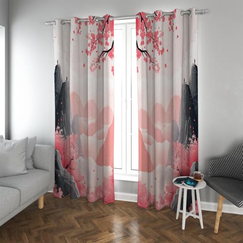 UIRINGART Chinesische Landschaft Verdunkelungsvorhänge Abstrakte Geometrische Rosa Pfirsich Blüte Wald Muster Öse Fenster Vorhänge für Schlafzimmer 2 Paneele B228xH228cm von UIRINGART