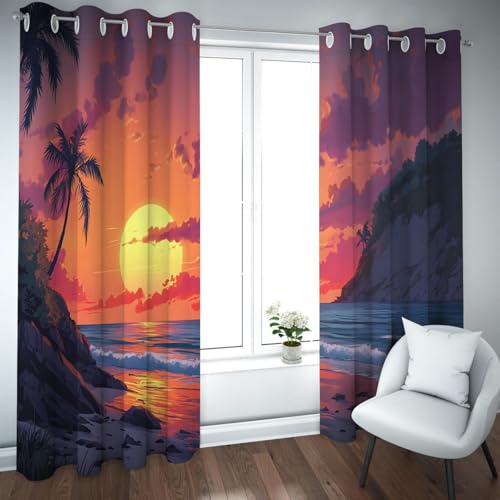 UIRINGART Entspannte Verdunkelungsvorhänge im Resort-Stil Tropische Palmen Wellen Meer Sonnenuntergang Landschaft Wärmeisolierte Fenstervorhänge für Schlafzimmer 2 Paneele B200xH210cm von UIRINGART