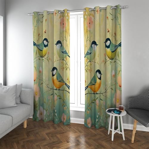 UIRINGART Farbverlauf Stil Verdunkelungsvorhänge Chinesische Retro Rosa Blumen und süße Vögel Wärmeisolierte Fenstervorhänge für Schlafzimmer 2 Paneele B117xH137cm von UIRINGART