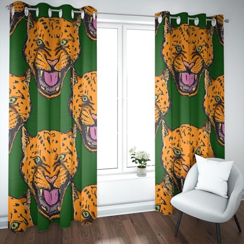 UIRINGART Grüne Verdunkelungsvorhänge Orange Leopard Head Print Verdunkelung Privatsphäre Wärmeisolierte Fensterbehandlungen für Schlafzimmer Wohnzimmer 2 Paneele H175xB140 von UIRINGART