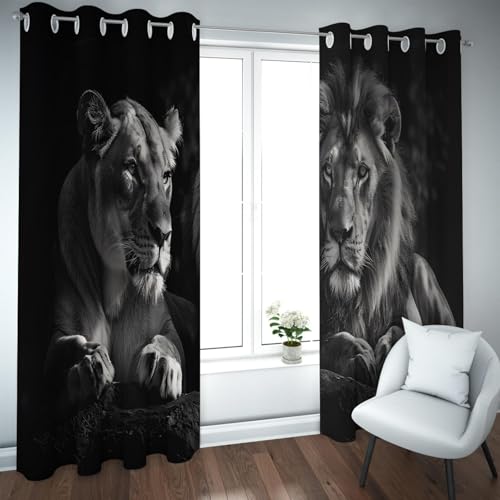 UIRINGART Hübsche Löwen Vorhänge Wild Tier Verdunkelungsvorhänge Paar Löwe Fenster Vorhänge Schlafzimmer Wärmeisolierte Fensterbehandlungen 2 Paneele H190xB100 von UIRINGART
