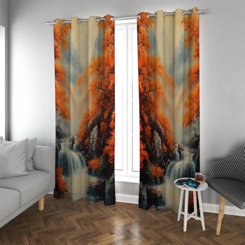 UIRINGART Klassische Verdunkelungsvorhänge im chinesischen Stil Herbst Wald Wasserfall in den Bergen Landschaft Fenster Vorhänge für Wohnzimmer Zuhause 2 Paneele B132xH245cm von UIRINGART