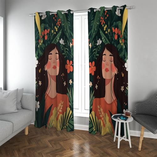 UIRINGART Landhausstil Verdunkelungsvorhänge Aquarell Bunte Tropische Blumen Schönes Mädchen mit Tülle Fenstervorhänge für Schlafzimmer 2 Paneele B180xH245cm von UIRINGART