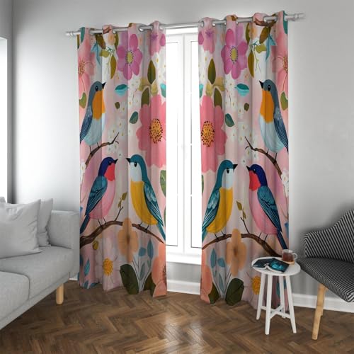 UIRINGART Minimalistischer Stil Verdunkelungsvorhänge Aquarell Bunte Trennung Blumen Zweige Niedliche Vögel Öse Fenster Vorhänge für Schlafzimmer 2 Paneele B140xH270cm von UIRINGART