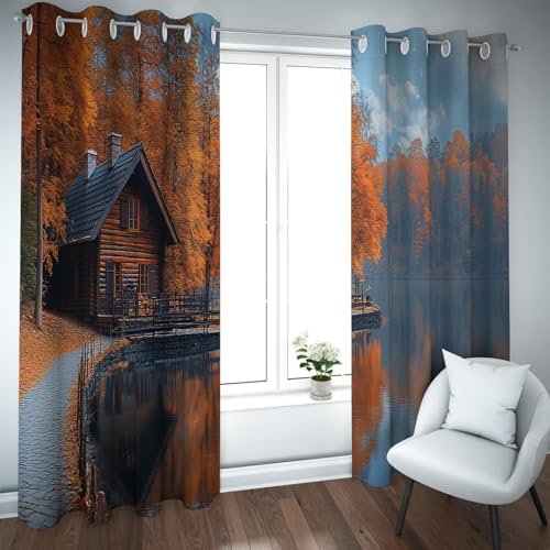 UIRINGART Moderne Stil Verdunkelungsvorhänge Bergwald See Kabine Muster Wärmeisolierte Raumverdunkelung Fenstervorhänge für Schlafzimmer 2 Paneele B140xH200cm von UIRINGART
