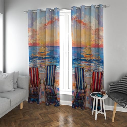 UIRINGART Ölgemälde Stil Fenstervorhänge Abstraktes Meer Sonnenuntergang Landschaft Strandstuhl Verdunkelungsvorhänge für Schlafzimmer Wohnzimmer 2 Paneele B200xH210cm von UIRINGART