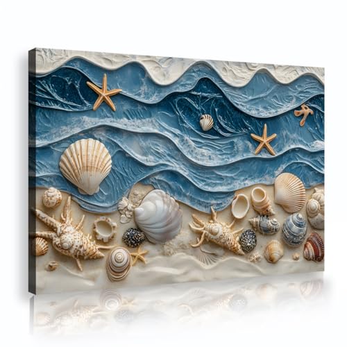 UIRINGART Ozean Wellen Muscheln Leinwand Wandkunst Strand Thema Bild Küste Muscheln Druck Meer Poster Kunstwerk Kunstwerk für Wohnzimmer Badezimmer Dekor 70x110cm Innenrahmen von UIRINGART