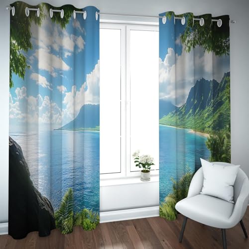 UIRINGART Resort Style Verdunkelungsvorhänge Blaues Meer Berge Wald Landschaft Raum Verdunkelung Öse Fenster Vorhänge für Glasschiebetür 2 Paneele B132xH160cm UIRINGART Resort Style Verdunkelungsvorhänge Blaues Meer Berge Wald Landschaft Raum Verdunkelung Öse Fenster Vorhänge für Glasschiebetür 2 Paneele B132xH160cm von UIRINGART