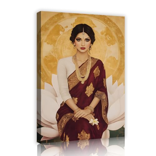 UIRINGART Retro Eleganz Leinwand Wandkunst Schöne indische Frau Meditation Lotus Drucke Poster Malerei Kunstwerk für Wohnzimmer Wohnkultur 40x60cm Innenrahmen von UIRINGART