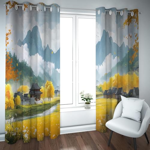 UIRINGART Rustikaler Stil Verdunkelungsfenstervorhänge Herbst Wald Berge und französische Landschaft Szene Privatsphäre Vorhänge für Home Office 2 Paneele B107xH180cm von UIRINGART