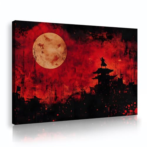 UIRINGART Samurai Mondschein Silhouette Leinwand Wandkunst Japanisch Rot Abstrakte Malerei Bilder Poster Kunstwerk Drucke für Wohnzimmer Wohnkultur 75x120cm Innenrahmen von UIRINGART