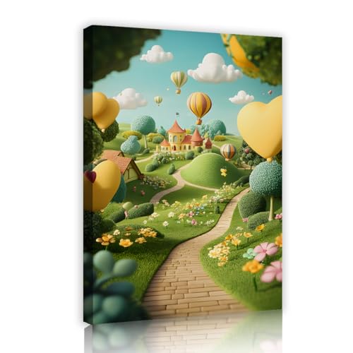 UIRINGART Skurrile Dorflandschaft Leinwand Wandkunst Heißluftballon Bilder Kunstwerk Drucke Fantasie Garten Poster Malerei für Schlafzimmer Dekor 50x80cm Innenrahmen von UIRINGART