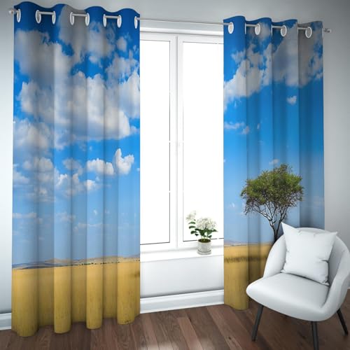 UIRINGART Surrealer Stil Verdunkelungsvorhänge für Glasschiebetürästhetik Blauer Himmel Goldenes Weizenfeld Bäume Öse Fenstervorhänge 2 Paneele B140xH270cm von UIRINGART