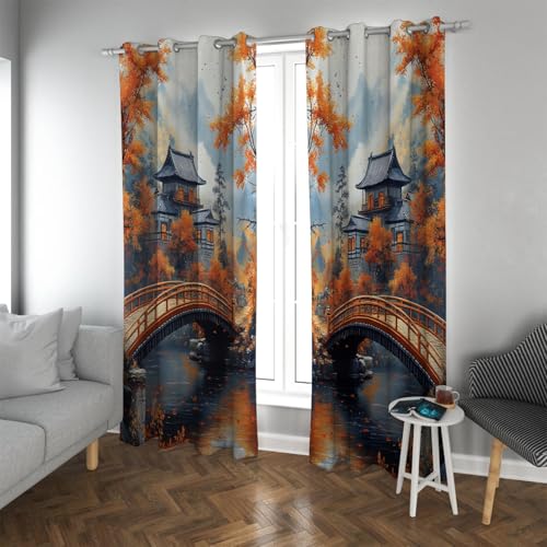 UIRINGART Symmetrischer Stil Verdunkelungsvorhänge Bauernhaus Ländlicher Herbst Dorf Landschaft Isolierte Fenstervorhänge für Glasschiebetür 2 Paneele B200xH210cm von UIRINGART