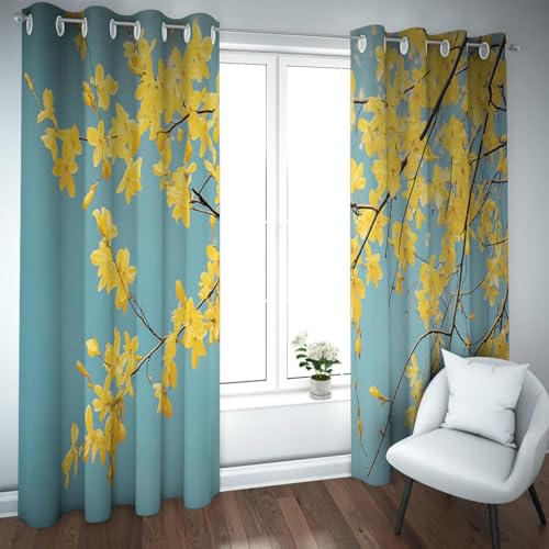 UIRINGART Traditionelle Kunst Verdunkelungsvorhänge Minimalistisches gelbes Blumenmuster wärmeisolierte Fenstervorhänge für Terrassenschiebetür 2 Paneele B107xH180cm von UIRINGART