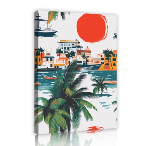 UIRINGART Tropische Waterfront Leinwand Wandkunst Segelboot Palmen Poster Malerei Ozean Sonnenuntergang Bilder Kunstwerk Drucke für Esszimmer Wohnkultur 60x90cm Innenrahmen von UIRINGART