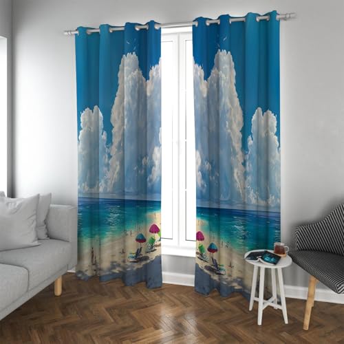 UIRINGART Vacation Vibe Verdunkelungsvorhänge Tropischer Meerblick Weißer Wolkendruck Wärmeisolierte Fenstervorhänge für Waschküche 2 Paneele B96xH114cm von UIRINGART
