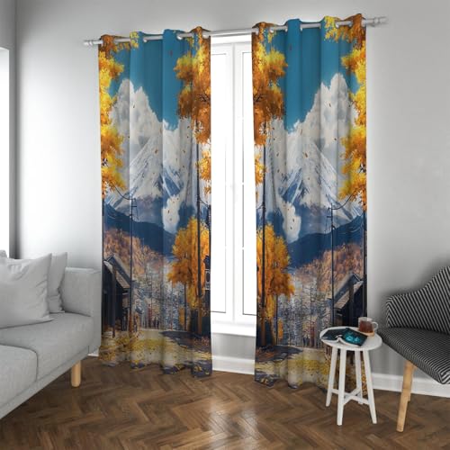 UIRINGART Verdunkelungsfenstervorhänge im rustikalen Stil mit goldenem Herbst Wald und Bergblick Thermoösenvorhängen für Badezimmer 2 Paneele B117xH137cm von UIRINGART