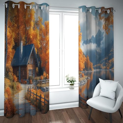 UIRINGART Verdunkelungsvorhänge im Landhausstil Bergwald See Hütte Muster Wärmeisolierte Tülle Fenstervorhänge für Wohnzimmer 2 Paneele B200xH210cm von UIRINGART