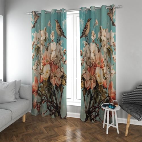 UIRINGART Verdunkelungsvorhänge im chinesischen Stil Vintage Farbiger Blumenbaum und niedlicher Vogel wärmeisolierte Fenstervorhänge für Wohnzimmer 2 Paneele B168xH214cm von UIRINGART