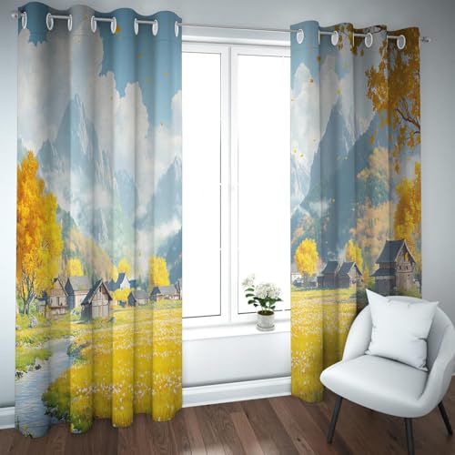 UIRINGART Verdunkelungsvorhänge im rustikalen Stil Fall Berge und französische Landszene Energiesparende Fenstervorhänge für Wohnzimmer 2 Paneele B168xH229cm von UIRINGART