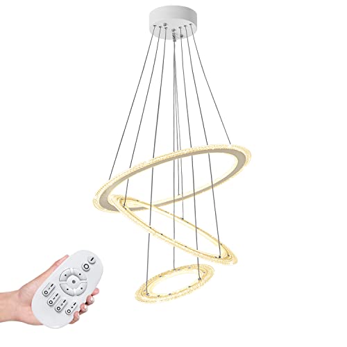 UISEBRT 128W LED Pendelleuchte Hängeleuchte - Modern Kristall Kronleuchter 3 Ring Hängelampe Höhenverstellbar Deckenlampe Acryl LED Leuchte für Wohnzimmer Schlafzimmer - Dimmbar Mit Fernbedienung von UISEBRT