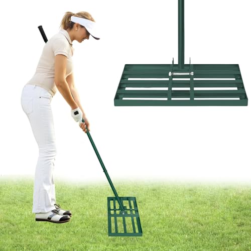 UISEBRT 25x50cm Rasen Nivellierungsrechen 3 IN 1 Multifunktions Metall Gartenrechen mit Stiel Rakel zum Sanden Abziehen Levelingrake Flächenebner für Garten Yard Golf - Grün von UISEBRT