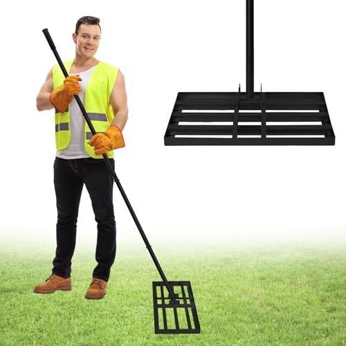 UISEBRT 25x50cm Rasen Nivellierungsrechen 3 IN 1 Multifunktions Metall Gartenrechen mit Stiel Rakel zum Sanden Abziehen Levelingrake Flächenebner für Garten Yard Golf - Schwarz von UISEBRT