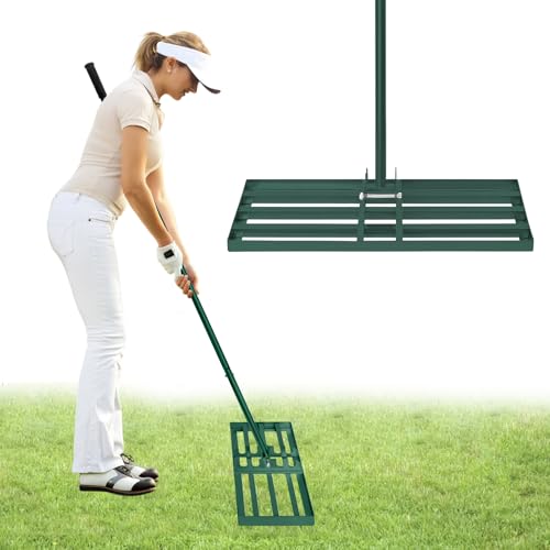 UISEBRT 25x75cm Rasen Nivellierungsrechen 3 IN 1 Multifunktions Metall Gartenrechen mit Stiel Rakel zum Sanden Abziehen Levelingrake Flächenebner für Garten Yard Golf - Grün von UISEBRT