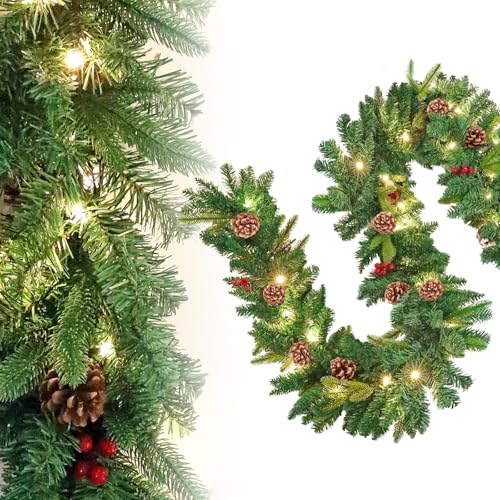 UISEBRT 300cm Weihnachtsgirlande mit Beleuchtung Tannengirlande Tannenzapfen Rote Beere Künstliche Girlande Weihnachtsdeko Weihnachtskranz (Typ D mit Lichterkette) von UISEBRT
