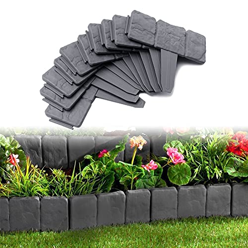 UISEBRT 30Pcs Rasenkante Kunstoff 7.5m Beeteinfassung Steinoptik Palisade Beetumrandung Mähkante Gartenzaun für Garten Border Blumenbeet, LxH 25x23cm, Anthrazit von UISEBRT