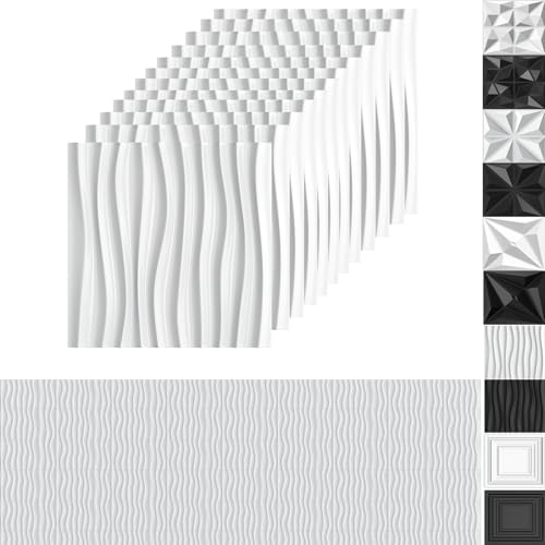 UISEBRT 3D PVC Wandpaneele 12 Stück, 50x50 cm Wandverkleidung, wasserdichte Wandplatten für Wohnzimmer, Schlafzimmer und Decke, 3D Wanddeko inkl 30m doppelseitiges Klebeband, 3m² Welle Weiß UISEBRT 3D PVC Wandpaneele 12 Stück, 50x50 cm Wandverkleidung, wasserdichte Wandplatten für Wohnzimmer, Schlafzimmer und Decke, 3D Wanddeko inkl 30m doppelseitiges Klebeband, 3m² Welle Weiß von UISEBRT