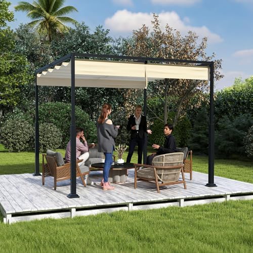 UISEBRT 3x3 m Pergola Pavillon mit stabilem Stahlgestell und hochwertigem Schiebedach aus PA-beschichtetem Polyester, freistehende Terrassenüberdachung, ideal für Outdoor (Beige) von UISEBRT