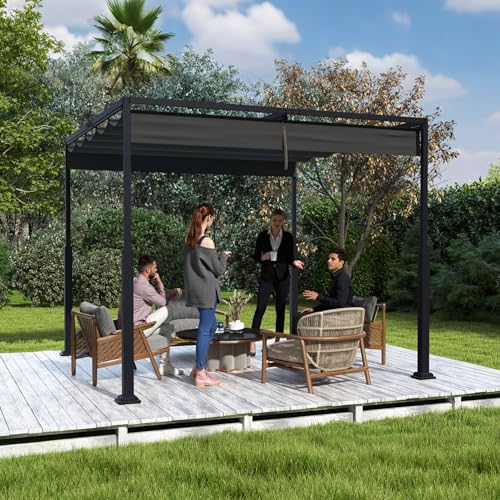 UISEBRT 3x3 m Pergola Pavillon mit stabilem Stahlgestell und hochwertigem Schiebedach aus PA-beschichtetem Polyester, freistehende Terrassenüberdachung, ideal für Outdoor (Schwarz) von UISEBRT