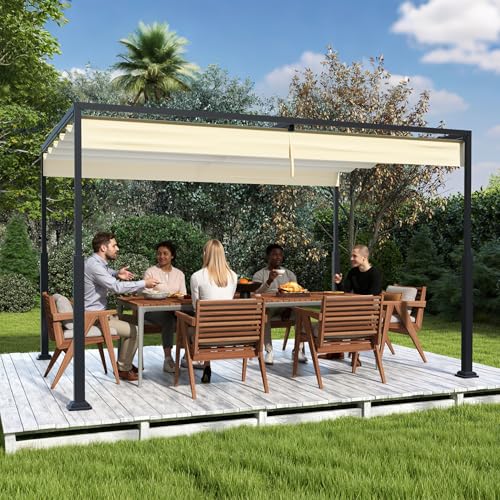 UISEBRT 3x4 m Pergola Pavillon mit stabilem Stahlgestell und hochwertigem Schiebedach aus PA-beschichtetem Polyester, freistehende Terrassenüberdachung, ideal für Outdoor (Beige) von UISEBRT